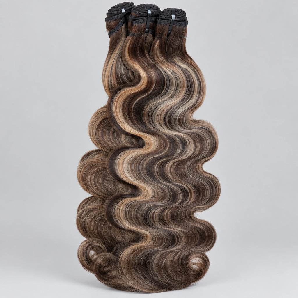 A hand holds a bundle of wavy hair extensions with deep brown and blonde ombré waves on a light wood tabletop.
