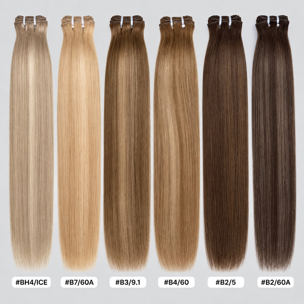 Six straight hair weave extensions in different shades are displayed side-by-side against a white background, each with a color code label below it.