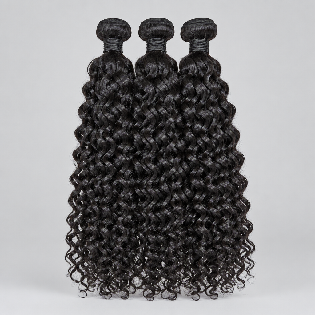 Three bundles of deep curly black hair extensions held up by hands in front of a green houseplant, with a white text overlay reading 'Deep Curly'.