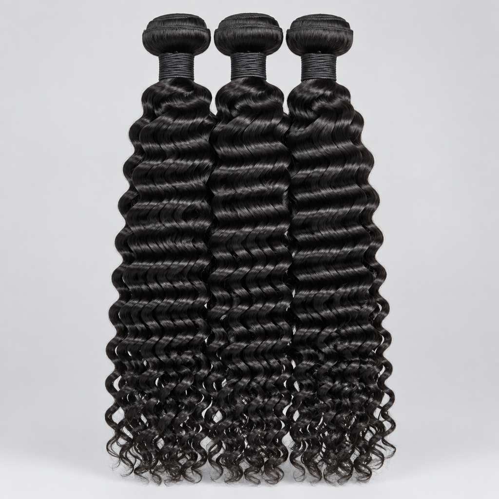 Three bundles of deep wave human hair extensions held up by hands, with green plant leaves and an office background visible.