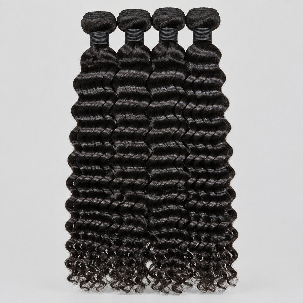Three bundles of dark brown to black deep wave hair extensions held up by hands in front of a green potted plant, with a white text overlay reading 'Flat Deep Wave'.