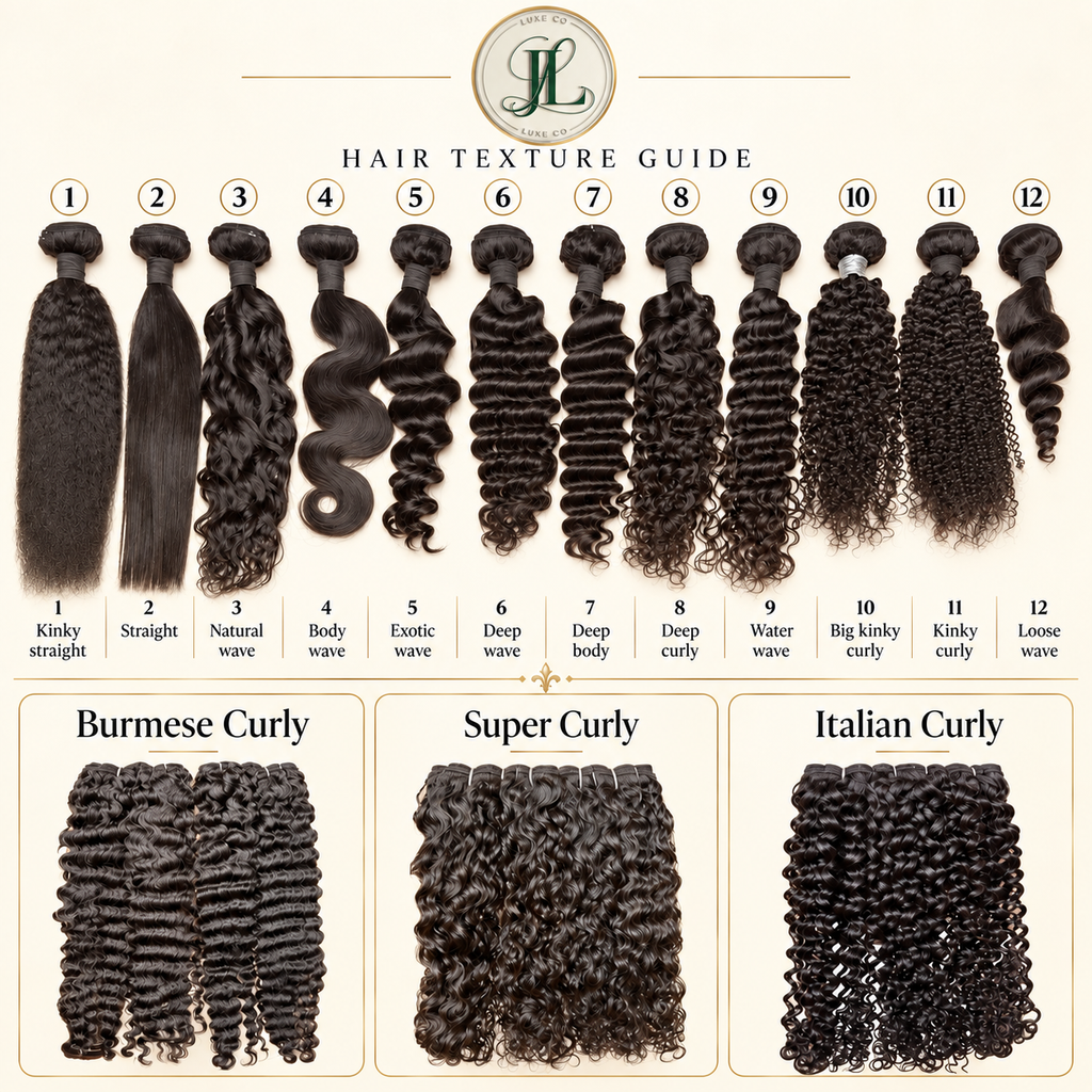 Hair texture guide chart showing 12 different hair wave styles labeled 1 through 12, with three categories at the bottom for Burmese Curly, Super Curly, and Italian Curly hair bundles. The brand logo 'JL' is visible at the top center.