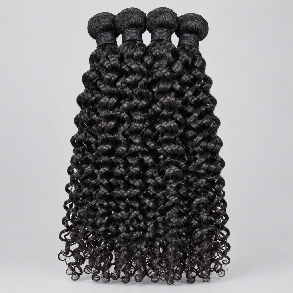 Three bundles of black curly hair extensions held up by hands, with a large green plant in the background and the text 'Italy Curly' overlaid across the center.