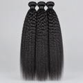 Three bundles of long, dark, wavy hair extensions held up by a hand in front of a green houseplant, with the text 'Kinky Straight' overlaid on the center.