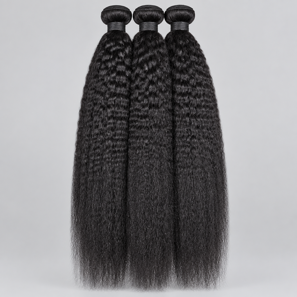 Three bundles of long, dark, wavy hair extensions held up by a hand in front of a green houseplant, with the text 'Kinky Straight' overlaid on the center.