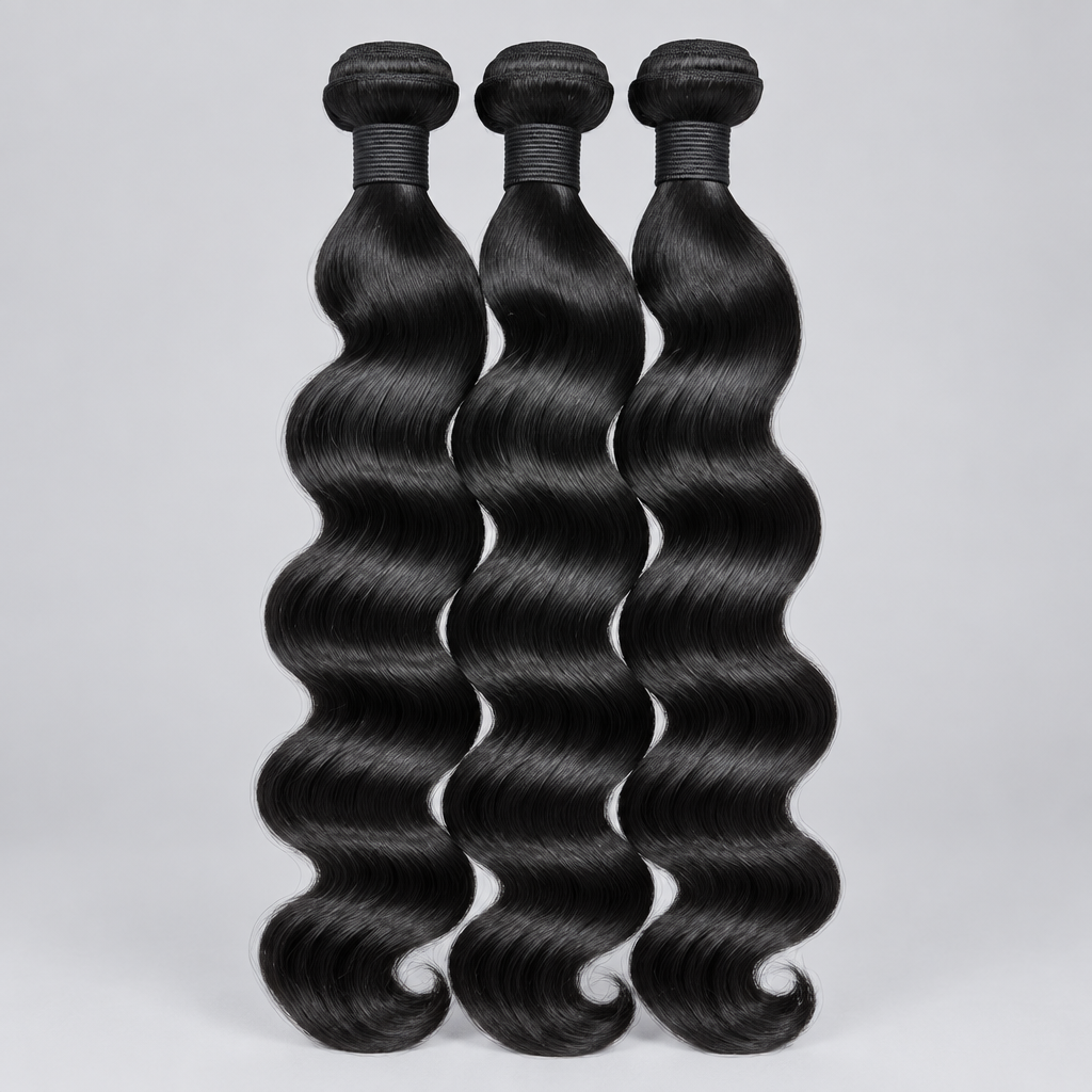Three bundles of loose body wave hair extensions held up by hands in front of a green houseplant, with the text 'Loose Body Wave' overlaid across the center.