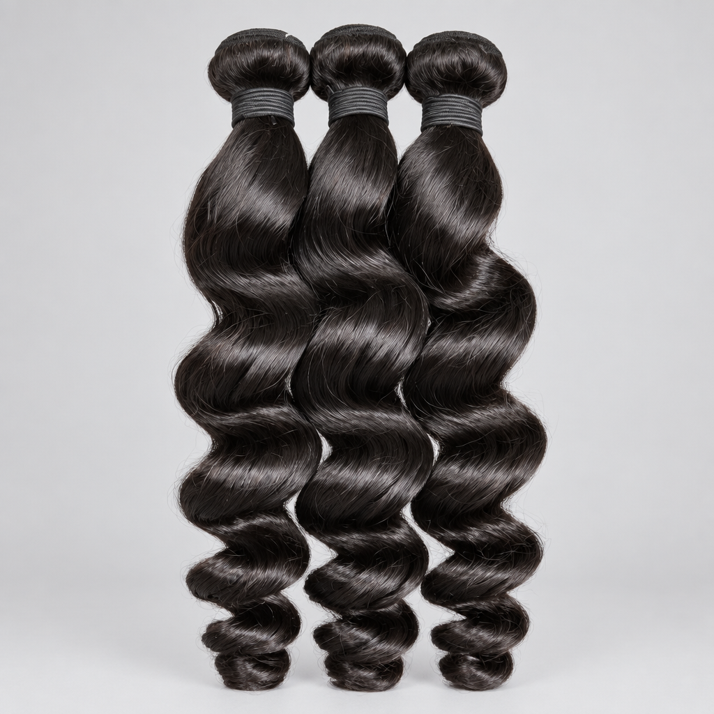 A hand holds up three bundles of loose wave hair extensions with glossy, defined curls. The hair is a very dark black shade.