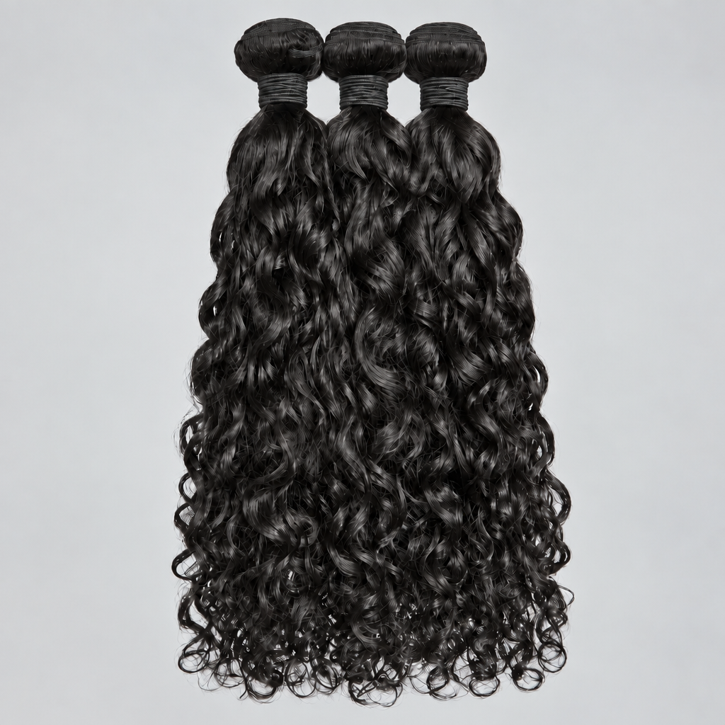 Three bundles of black curly hair wefts tied with black bands, displayed against a light gray background.