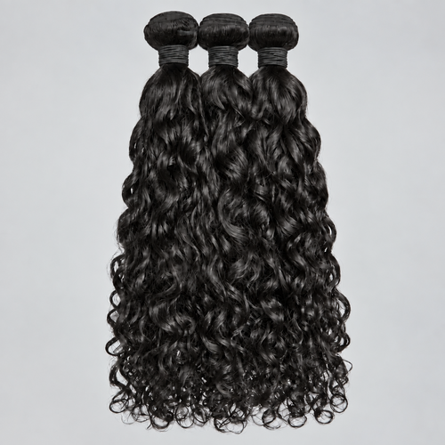 Three bundles of black curly hair wefts tied with black bands, displayed against a light gray background.