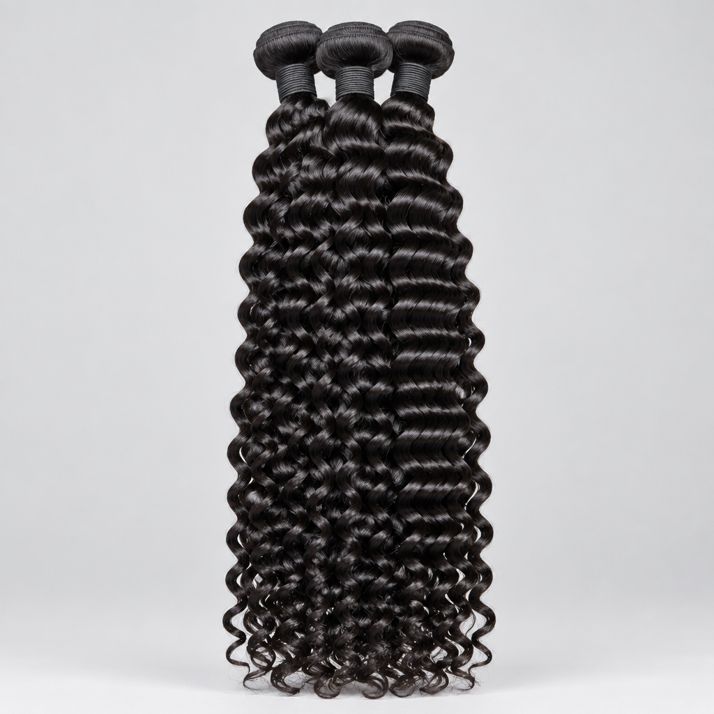 Three bundles of black water wave curly hair extensions held up by hands in front of a green plant indoors. The text 'water wave' is overlaid across the center.