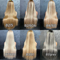 Six panels showing the back view of long, straight hair in different blonde and gray-blonde shades, labeled B2/5, B2/60A, B4/60, B7/60A, B3/9.1, and B1/gray.